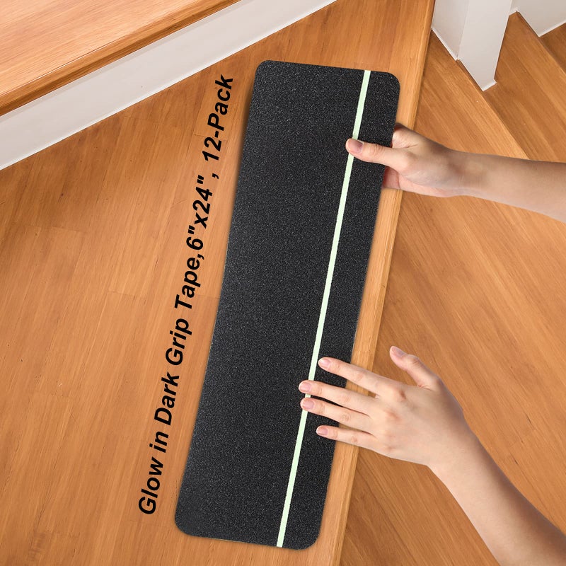 Qingluan Anti Slip Traction Treads with Glow in Dark Stripe, 12-Pack 6 "" X 24 "" Pre-Cut Stair Treads Non Slip Outdoor Tape Black Heavy Duty Outdoor Stair Treads - Image 1